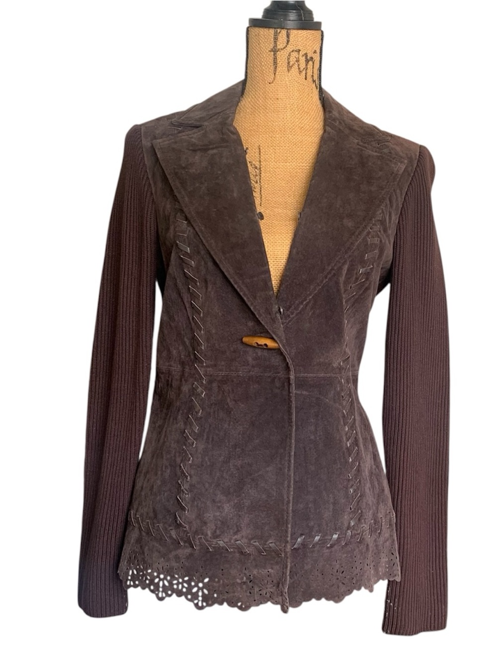 Nygard Collection Brown Suede Genuine Leather Laser Cut Trim Knit Jacket